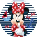 Myška Minnie v námořnickém stylu s červenou mašlí, modro-bílými pruhy, kotvou a plachetnicí, jedlý obrázek na dort