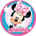 Myška Minnie s bílými rukavičkami u tváře a růžovou mašlí na kulatém pozadí, jedlý obrázek na dort