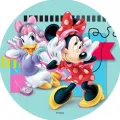 Myška Minnie v puntíkatých šatech a kačenka Daisy se sluchátky na tyrkysovém pozadí, jedlý obrázek na dort