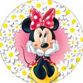 Myška Minnie s červenou mašlí a žlutými botičkami obklopená bílými kopretinami, jedlý obrázek na dort