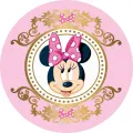 Kulatý jedlý obrázek s usměvavou Minnie s růžovou mašlí v bílém medailonku, zlatý ornamentální rámeček, růžové pozadí, obrázek na dort