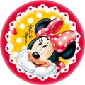 Kulatý jedlý obrázek se zamilovanou Minnie Mouse s červenou puntíkatou mašlí na žlutém pozadí s krajkou a srdíčky, na dort