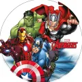 Hulk, Iron Man, Captain America a Thor v akční pozici na kulatém motivu, jedlý obrázek na dort