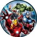 Kulatý jedlý obrázek s hrdiny Avengers: Iron Man s reaktorem, Captain America se štítem, Thor s blesky a Hulk, obrázek na dort
