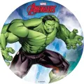 Zelený Hulk v bojové pozici s logem Avengers na modrobílém pozadí, jedlý obrázek na dort