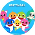Kulatý jedlý obrázek na dort: žlutý Baby Shark s rodinkou a růžová lištička Pinkfong na modrém mořském pozadí