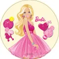 Barbie v plesových šatech s lesklým živůtkem a bílým pudlíkem u nohou na světlém pozadí, jedlý obrázek na dort