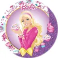Kulatý jedlý obrázek s Barbie v růžových šatech držící košíček, se žlutou mašlí a muffiny, jedlý obrázek na dort