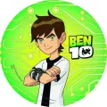 Usmívající se Ben 10 v bílém tričku s hodinkami Omnitrix na zeleném technologickém pozadí, jedlý obrázek na dort
