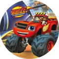 Červený monster truck Blaze s řidičem AJem v závodní helmě na kulatém pozadí s arénou, jedlý obrázek na dort