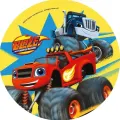 Kulatý jedlý obrázek na dort: červený monster truck Blaze s ohnivým pruhem a modrý tahač Crusher na žlutém pozadí