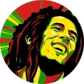 Kulatý jedlý obrázek s portrétem Boba Marleyho s dready na paprskovém pozadí v zelené, žluté a červené barvě, jedlý obrázek na dort