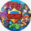 Kulatý motiv s bojovníky z Brawl Stars kolem zlaté hvězdy, nahoře dva červení medvědi na modrém pozadí, jedlý obrázek na dort