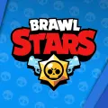 Logo Brawl Stars s červeným nápisem, zlatou hvězdou s lebkou a dvěma pistolemi na modrém pozadí, jedlý obrázek na dort