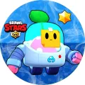 Robot Sprout z Brawl Stars se žlutým lístečkem a zeleným výhonkem na modrém pozadí s hvězdou, jedlý obrázek na dort