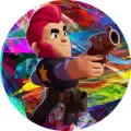 Kulatý jedlý obrázek s pistolníkem Coltem z Brawl Stars s červenými vlasy a revolverem na pestrém barevném pozadí, jedlý obrázek na dort