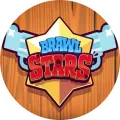 Kulatý jedlý obrázek se zlatou šerifskou hvězdou z Brawl Stars, dvěma modrými revolvery na hnědém dřevěném pozadí, jedlý obrázek na dort