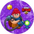 Zrzavá postava Pam z Brawl Stars u léčivé věže na fialovém pozadí se žlutou hvězdou, jedlý obrázek na dort