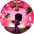 Kulatý jedlý obrázek s postavou Bibi z Brawl Stars s pálkou a růžovým srdcem v pozadí, jedlý obrázek na dort
