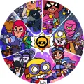 Kulatý jedlý obrázek s výsečemi postav z Brawl Stars, zlatou hvězdou uprostřed a fialovo-modrou galaxií v pozadí, obrázek na dort