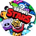 Kulatý jedlý obrázek na dort s červeným logem Brawl Stars, zlatou hvězdou s lebkou a barevnými herními emotikony.