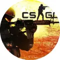 Kulatý jedlý obrázek s vojákem speciální jednotky v maskáčové výstroji mířícím puškou, žlutým pozadím a nápisem CS:GO, jedlý obrázek na dort