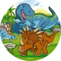 Kulatý jedlý obrázek na dort s modrým T-Rexem, rohatým triceratopsem a palmami v pravěké krajině, jedlý obrázek na dort