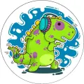 Zelený tančící dinosaurus s fialovými skvrnami a velkými sluchátky na modrém pozadí se stříkanci, jedlý obrázek na dort