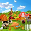 Kulatý jedlý obrázek s farmářskými zvířaty, kravičkou, prasátky a červeným traktorem na statku, jedlý obrázek na dort