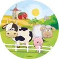 Kulatý jedlý obrázek s kravičkou, ovečkou, prasátkem a oslíkem na farmě s červenou stodolou, jedlý obrázek na dort