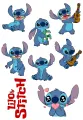 Sedm postaviček modrého Stitche s ukulele, zelenou žabkou a srdíčky v očích, s červeným nápisem Lilo & Stitch, jedlý obrázek na dort