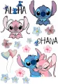 Jedlý obrázek k vystřižení s modrým Stitchem a růžovou Angel, nápisy Aloha a Ohana, květy a motýlky, jedlý obrázek na dort