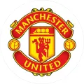 Kulatý jedlý obrázek se znakem Manchester United v červené a žluté barvě, s červeným ďáblem a trojzubcem, jedlý obrázek na dort