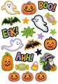 Jedlý obrázek s halloweenskými koleččky: černá kočka v klobouku, duchové, dýně a nápisy BOO a EEK, jedlý obrázek na muffiny