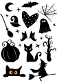Černé halloweenské siluety ducha a kočky s oranžovými detaily v očích, jedlý obrázek na dort