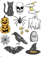 List jedlých koleček na muffiny s černým havranem, bílou lebkou a žlutým měsícem v oblacích, jedlý obrázek na dort s halloweenským motivem