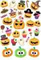 List jedlých halloweenských kolečkových motivů: oranžové dýně s kloboučky, bílí duchové a cupcakes s očima, jedlý obrázek na dort