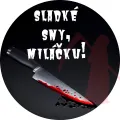 Kulatý obrázek s kuchyňským nožem potřísněným krví a siluetou smrtky s kosou na černém pozadí, jedlý obrázek na dort