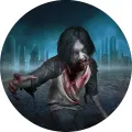 Kulatý jedlý obrázek na dort: kráčející zombie v roztrhaném oblečení před mlhou zahaleným opuštěným městem v modrošedých tónech