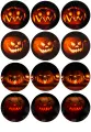 Jedlá kolečka se svítícími vyřezávanými dýněmi na tmavém pozadí, oranžová a černá barva, jedlý obrázek na dort a muffiny na Halloween