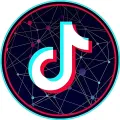 Kulatý jedlý obrázek s bílou 3D notou v tyrkysové a červené barvě na tmavém pozadí se světelnou geometrickou sítí, jedlý obrázek na dort