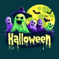Halloweenský motiv s žlutým úplňkem, netopýry a zelenými a fialovými duchy, vpředu strašidlo v klobouku, jedlý obrázek na dort