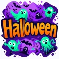 Halloweenský motiv na fialovém pozadí se zelenými duchy, černými netopýry a oranžovým nápisem Halloween, jedlý obrázek na dort.