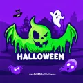 Zelený okřídlený duch s nápisem Halloween na fialovém pozadí s temným domem, přízraky a netopýrem, jedlý obrázek na dort