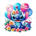 Modrý Stitch s růžovýma ušima a párty kloboučkem, kolem něj květy plumérie a balonky, jedlý obrázek na dort