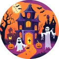 Jedlý obrázek na dort s fialovým hradem, oranžovým měsícem, duchy a netopýry v halloweenské noci