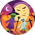 Kulatý halloweenský motiv se zeleným strašákem s vidlemi, bílým duchem u kříže a žlutým úplňkem, jedlý obrázek na dort