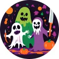 Kulatý jedlý obrázek na dort: tři halloweenská strašidla, zelený, bílý a fialový, s oranžovými dýněmi na tmavém pozadí, obrázek na dort