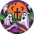 Kulatý jedlý obrázek na dort: bílí duchové mezi náhrobky, oranžový měsíc na fialovém pozadí a kosa, halloweenský motiv
