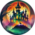 Halloweenský hrad s vysokými věžemi a zářícím měsícem v noci, u něj stromy a netopýři, jedlý obrázek na dort
